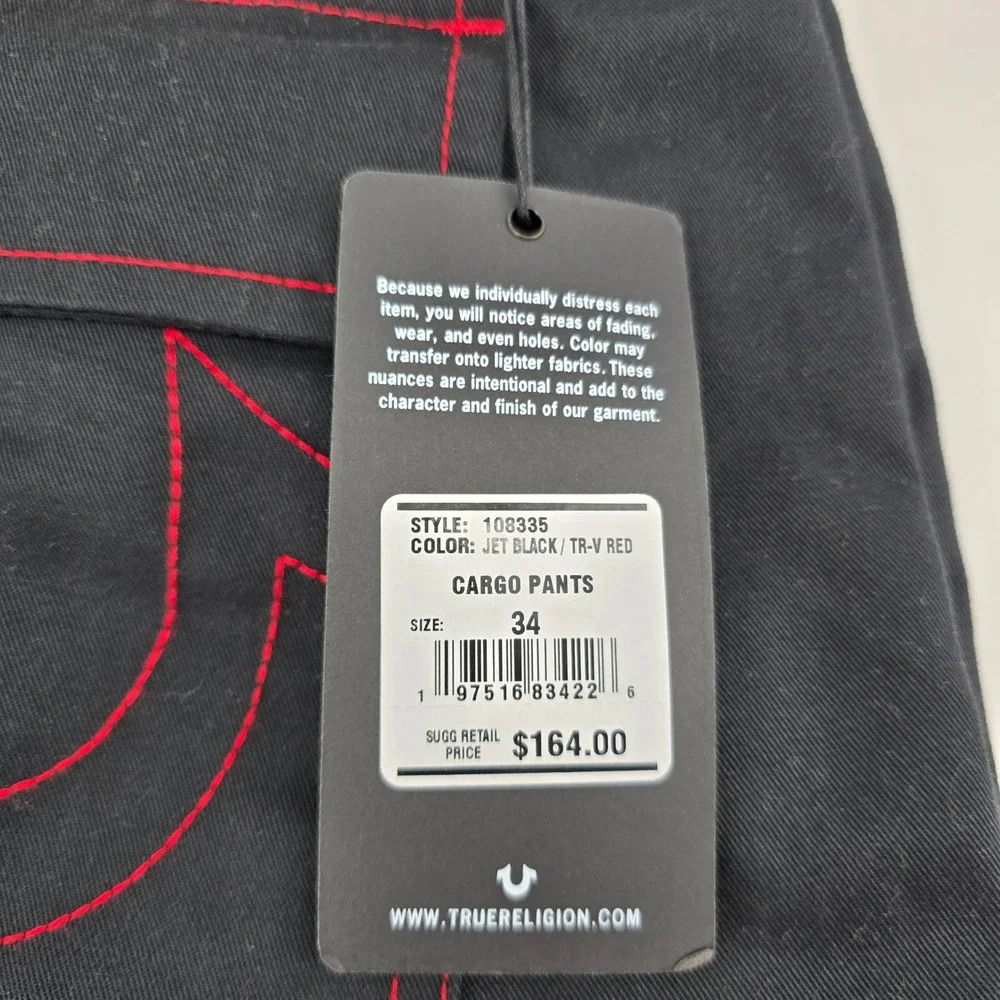 True Religion Cargo‎ Pants Mens Contrast Stitch Jet Black Red 108335 Size 34 NWT